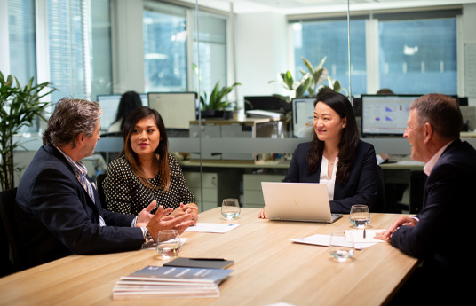 Group of wealth managers dicussing investment options with their client