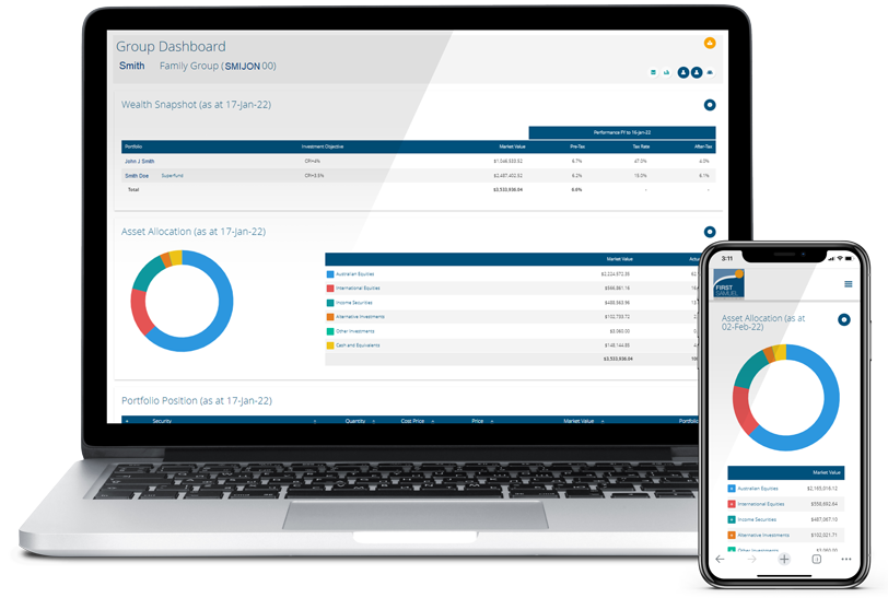 See all your financial reporting in once place, Image shows Laptop and mobile phone showing our client portal dashboard