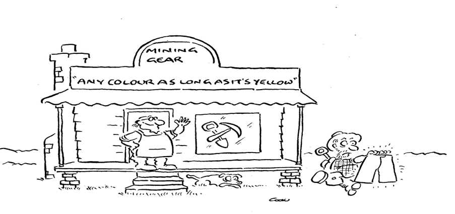 Cartoon showing shop owner selling mining equipment.. 