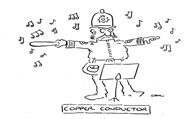 Cartoon drawing of officer with musical notes around him. with the text 'copper conductor' underneath. 