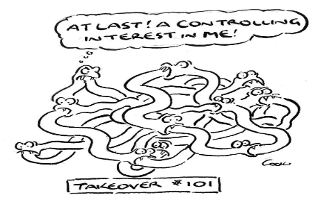 Cartoon drawing of snakes eating each other with the speech bubble that states ' At last! controlling interest in me. 